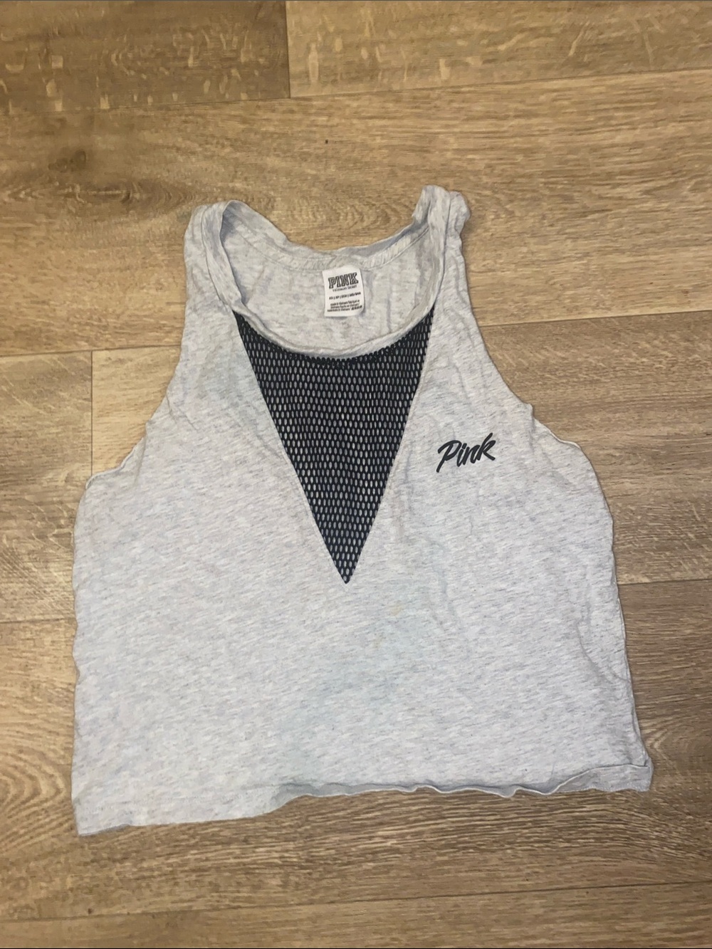 PINK Victoria's Secret Gray Tank crop top with Black Mesh V-Inset